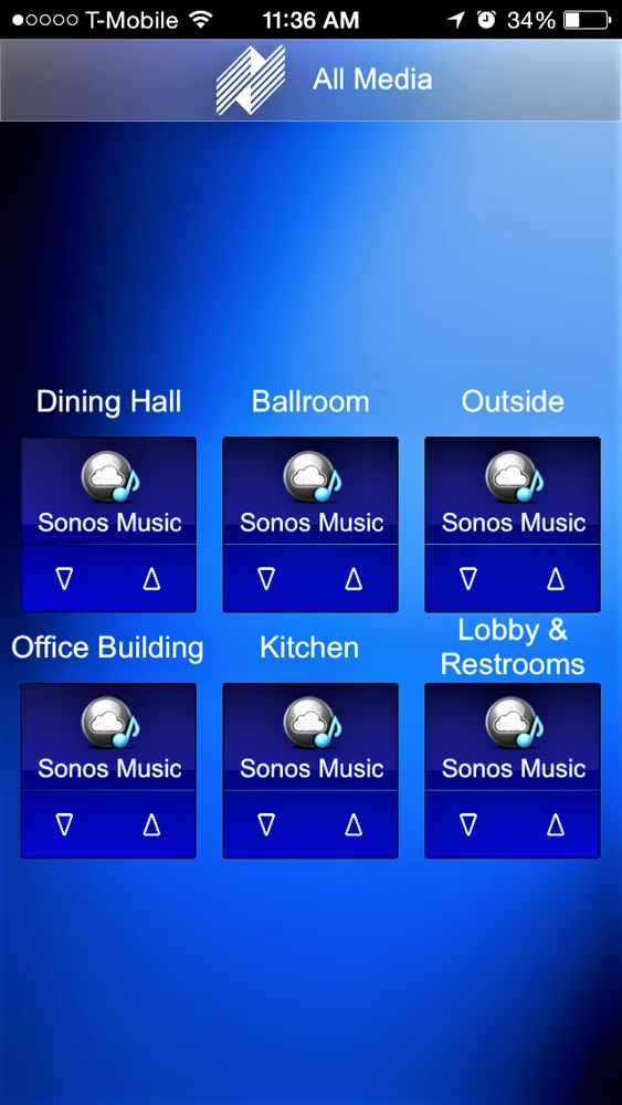 Phone app controlling six music zones, including an outdoor zone